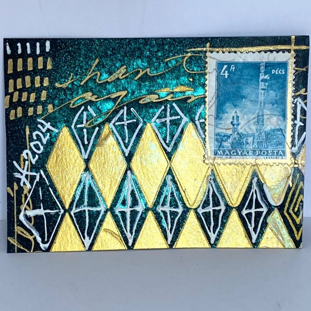ACEO Original Mixed Media Art 1964 Hungarian Telecommunication Postage Stamp ATC